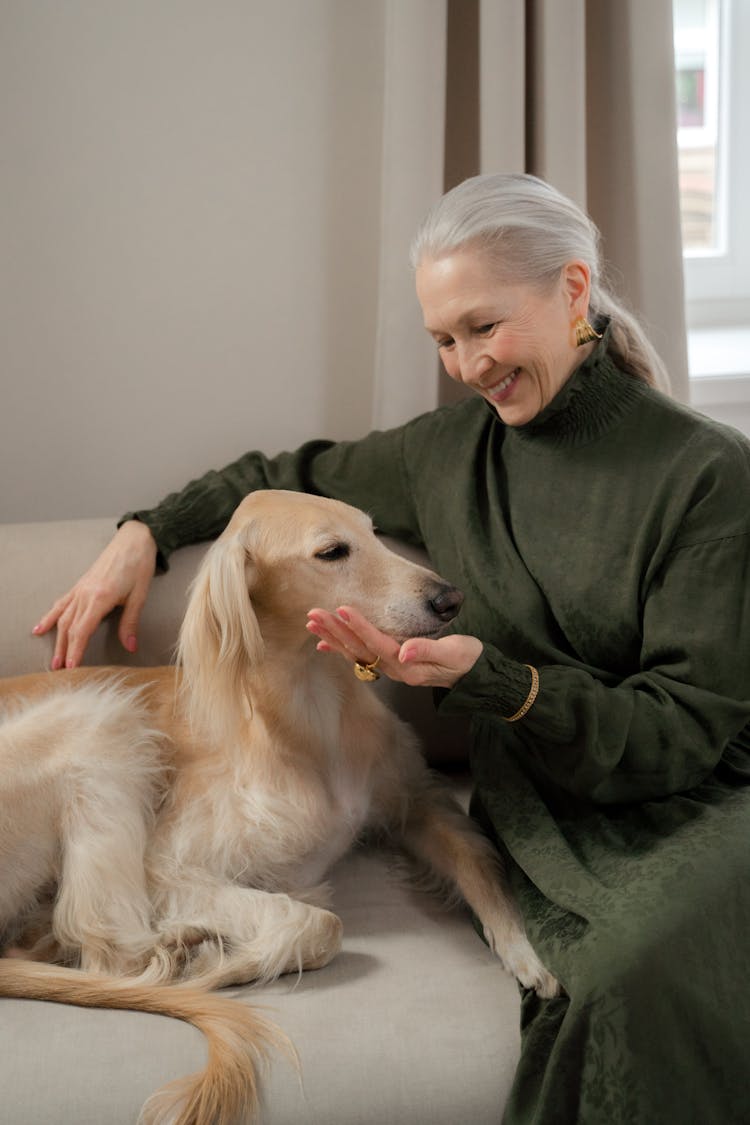 Dog Lover And Her Happy Dog On Sofa