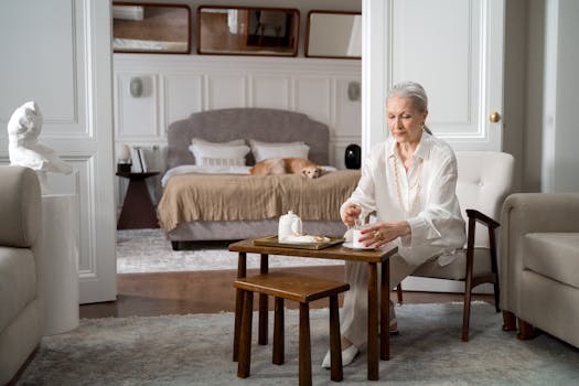 Serene elderly woman in a stylish living room setting enjoying tea, embodying elegance and comfort.