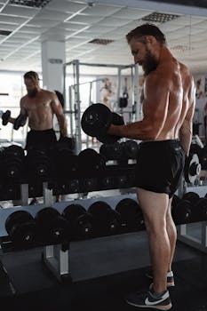 Fit man lifting dumbbells in front of gym mirror, showcasing strength and fitness.
