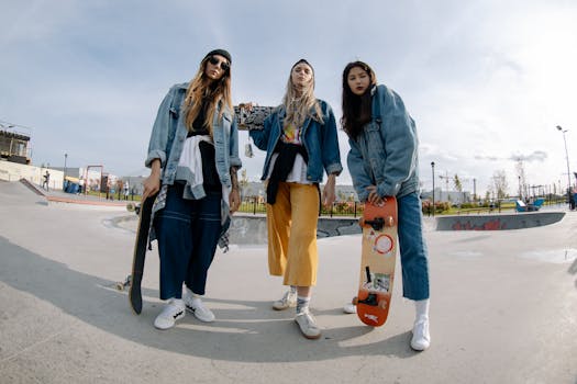 Three stylish teenagers in denim outfits pose with skateboards in a skate park.