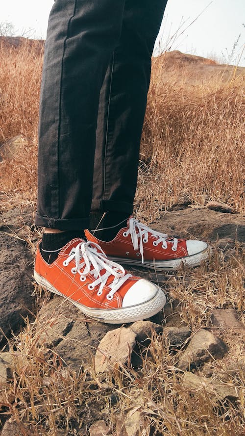 Fotobanka s bezplatnými fotkami na tému červené tenisky, Converse, džínsové nohavice