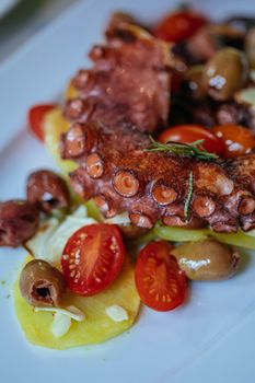 A delectable dish featuring tender grilled octopus served with cherry tomatoes and green olives.
