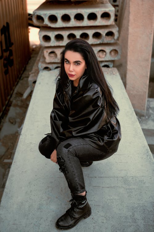 A High Angle Shot of a Woman in Black Leather Jacket