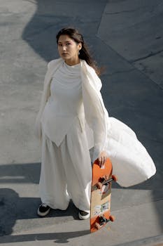 Elegant woman in white attire holding skateboard at skate park on a sunny day.
