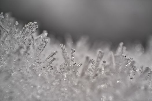 Macro shot of frosty ice crystals on snow, showcasing their intricate structure and texture.