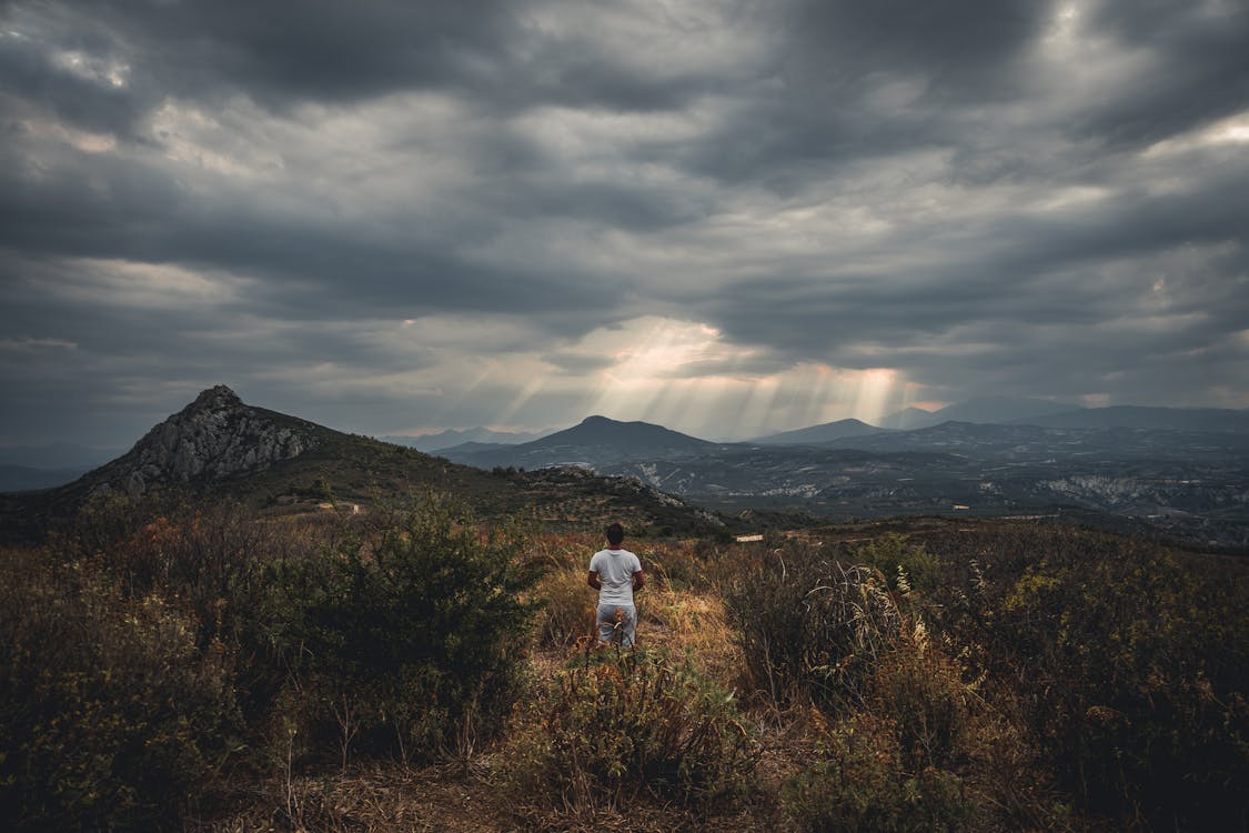 Person Looking Afar Standing on Grass Field