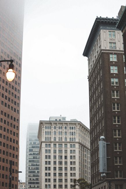 Fog-shrouded buildings in Atlanta, showcasing urban architecture and a tranquil city atmosphere.