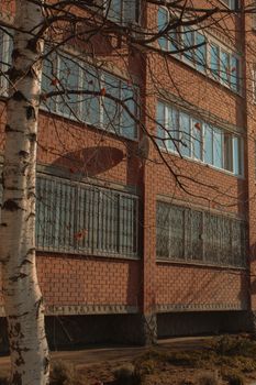 Urban scene showcasing an old brick building facade with bare trees.
