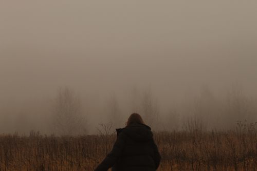 Free A person in jacket walks through a foggy, serene grass field, embracing nature's calmness. Stock Photo