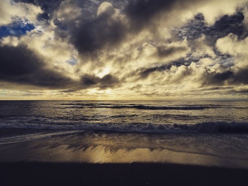 Foto d'estoc gratuïta de capvespre, davant del mar, posta de sol daurada