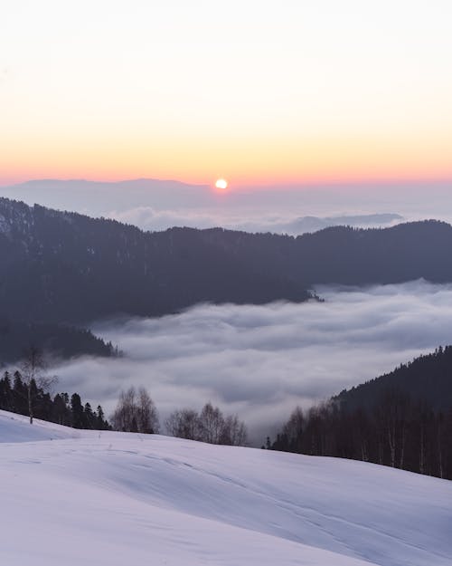 Thick Fog Covering Mountain Valley at Sunrise