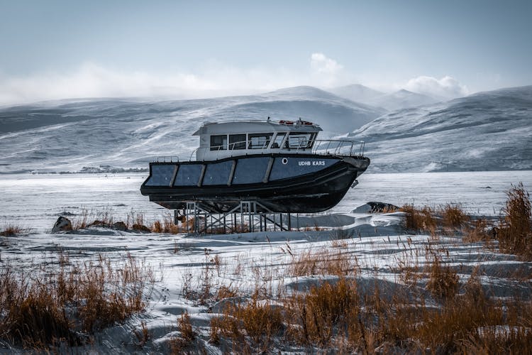 Fishing Boat On A Frame In The Snow