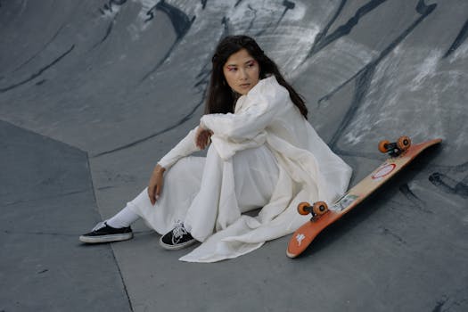 Stylish woman in white clothing poses with a skateboard on a skate ramp, exuding a modern and fashion-forward vibe.