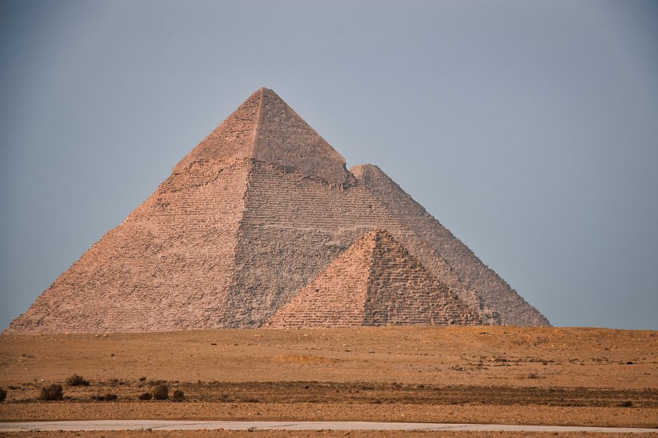 Spectacular Sound and Light Show illuminating the Giza Pyramids at night in Egypt