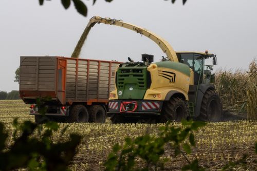 Free Tractor and trailer harvesting crops in a vast field under a clear sky. Stock Photo