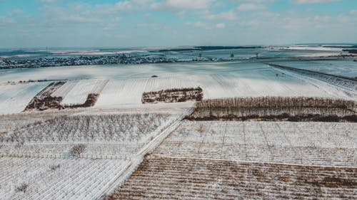 Aerial Shot of Cropland Covered with Snow 