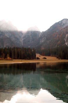 Misty morning view of a tranquil lake surrounded by alpine forests and mountains in Friuli-Venezia Giulia, Italy.