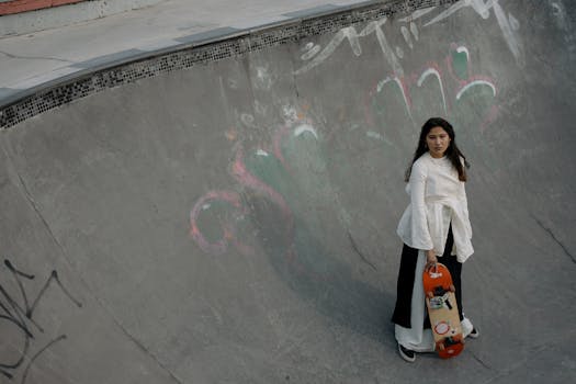 A young woman stands in a skatepark holding a skateboard, blending fashion and skate culture.
