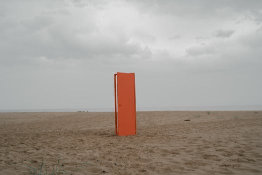 An orange door stands alone on an empty beach under a cloudy sky.