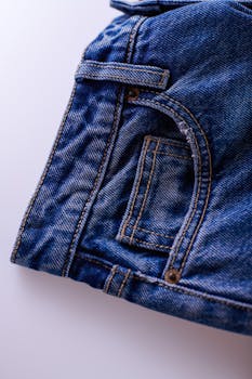 Detailed close-up of classic blue denim jeans, showcasing the material and stitching.