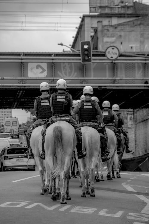 Grayscale Photo of Police Riding Horses