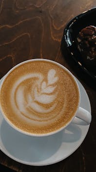 Delightful latte art in a coffee cup with a pastry on a saucer, perfect for beverage enthusiasts.