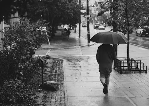 A Grayscale of a Person Walking on a Sidewalk while Using an Umbrella