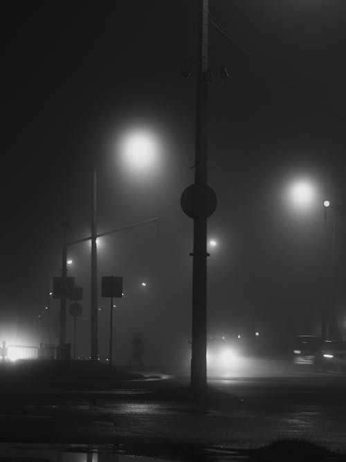 A Grayscale Photo of Street Lights in the Evening