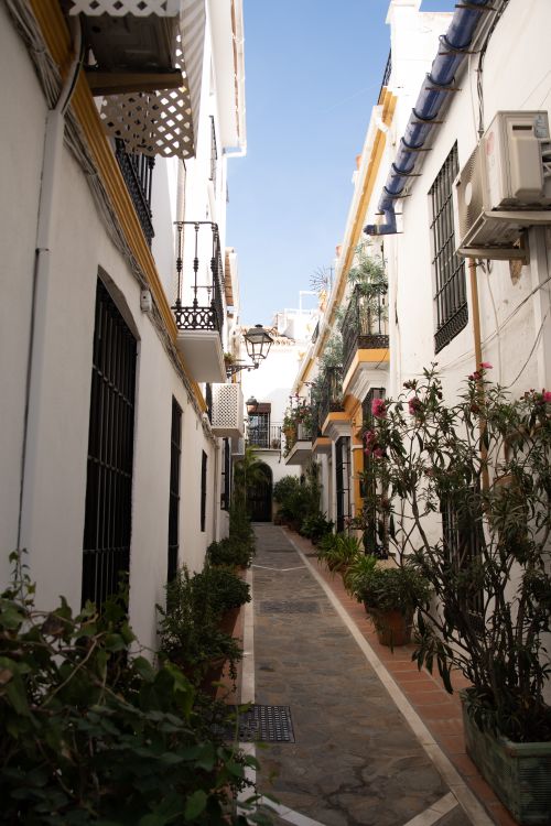 Free Explore a quaint alley in Marbella, Spain, lined with lush potted plants and classic architecture. Stock Photo