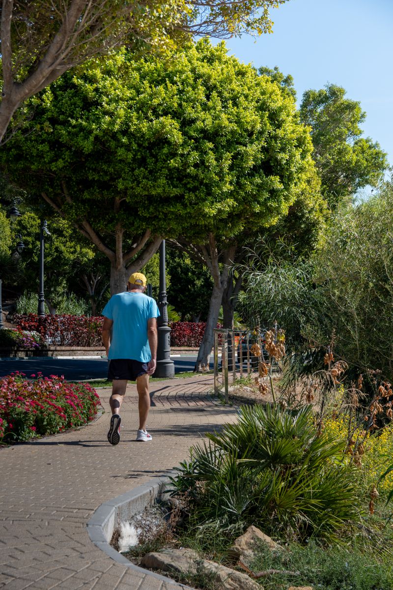 Adult man in casual sportswear walking in a scenic park, enjoying a sunny day workout.