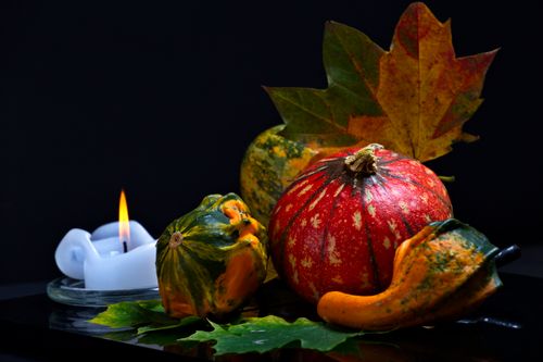Free Autumn-themed still life with pumpkins, leaves, and a candle, perfect for fall decor. Stock Photo
