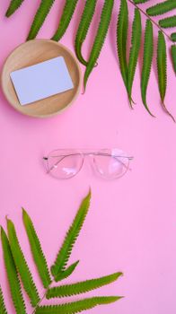 Flat lay of eyeglasses with green ferns on pink background for stylish design.