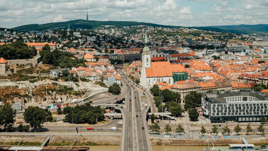 A captivating aerial view of Bratislava's historic skyline with St. Martin's Cathedral and scenic urban landscape.