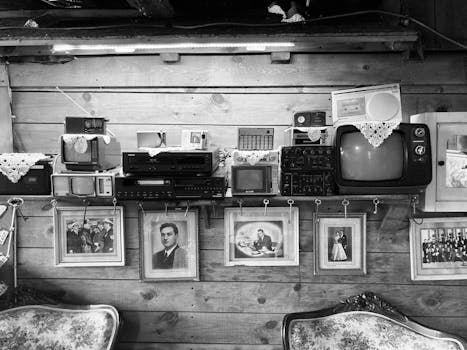 Black and white vintage electronics and family photos on a wooden wall.