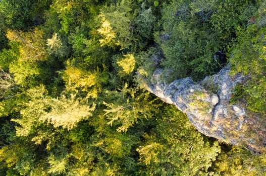 Aerial perspective showcasing vibrant forest canopy and rugged rock formations.