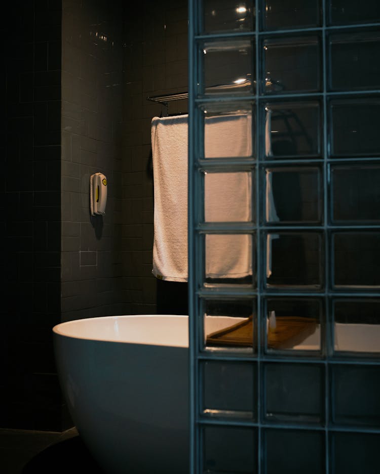 Dark Bathroom Interior With A Glass Wall