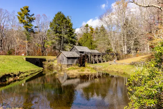 Mabry Mill reflected in its millpond on the Blue Ridge Parkway