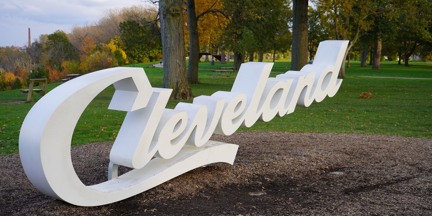 Autumn view of the Cleveland sign in scenic Edgewater Park.