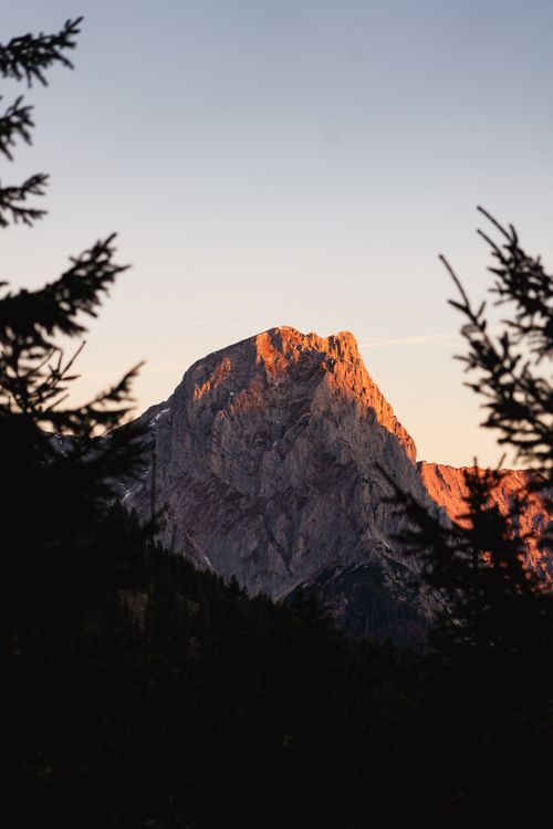 Free A majestic mountain peak glowing at sunrise, framed by pines, evokes tranquility. Stock Photo