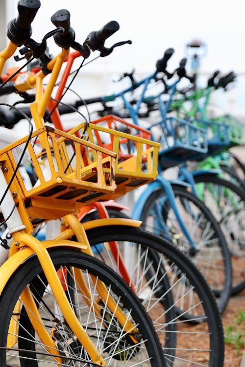 Free Parked Bicycles With Different Colors Stock Photo