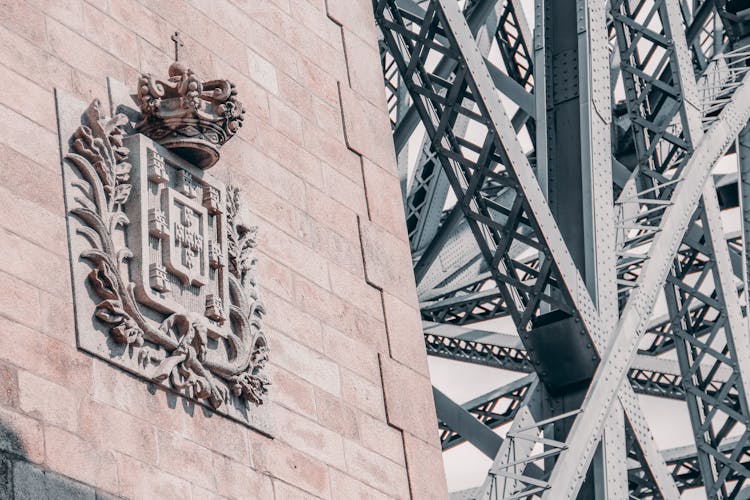 Royal Seal Plaque On Ponte De Dom Luis I Bridge Over Douro River In Porto In Portugal