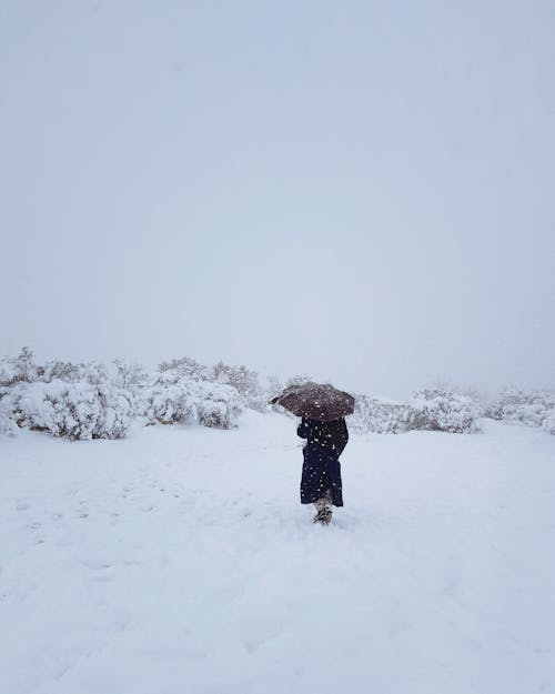 A Person in Black Coat Walking on a Snow Covered Ground