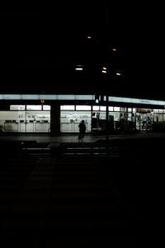A silhouetted person biking at night across a city crosswalk by an illuminated store.