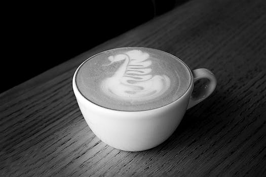 A close-up of a cappuccino with detailed latte art in a serene black and white setting.