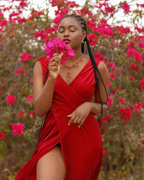 Braided Hair Woman Holding Bougainvillea Flowers 