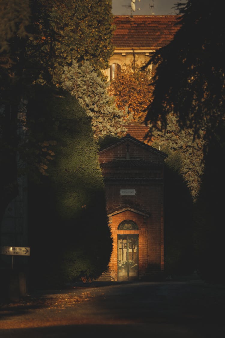 Mysterious Big House In Old Garden At Sunset In Autumn