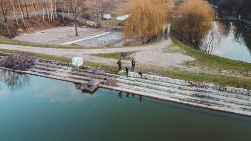 An Aerial Shot of a Group of Friends by a Lake