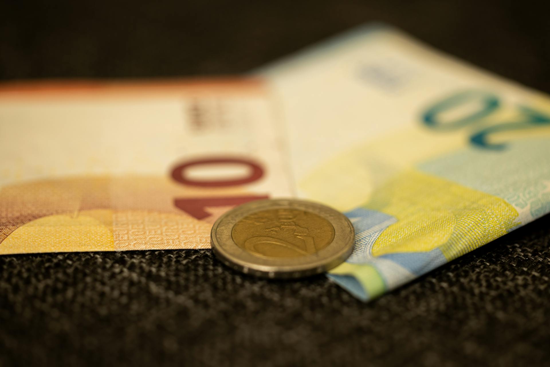 Detailed close-up of Euro banknotes and coin, showcasing European currency likeness.