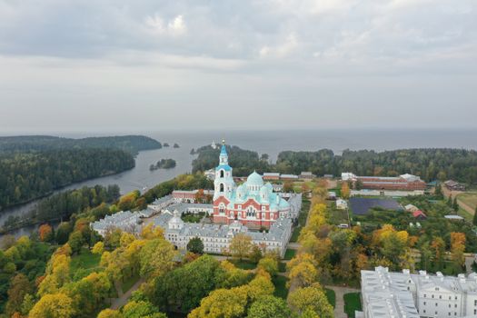 Breathtaking aerial view of Valaam Monastery, surrounded by lush greenery and water in Karelia, Russia.