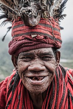 Close-up portrait of an elderly man in traditional attire, smiling warmly in Banaue, Philippines.
